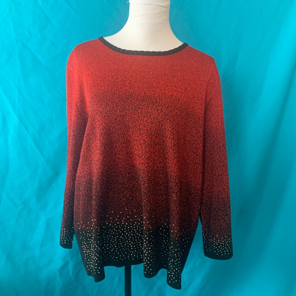 ❤️ Alfred Dunner Red Black Sparkle Holiday Sweater Top size 2x